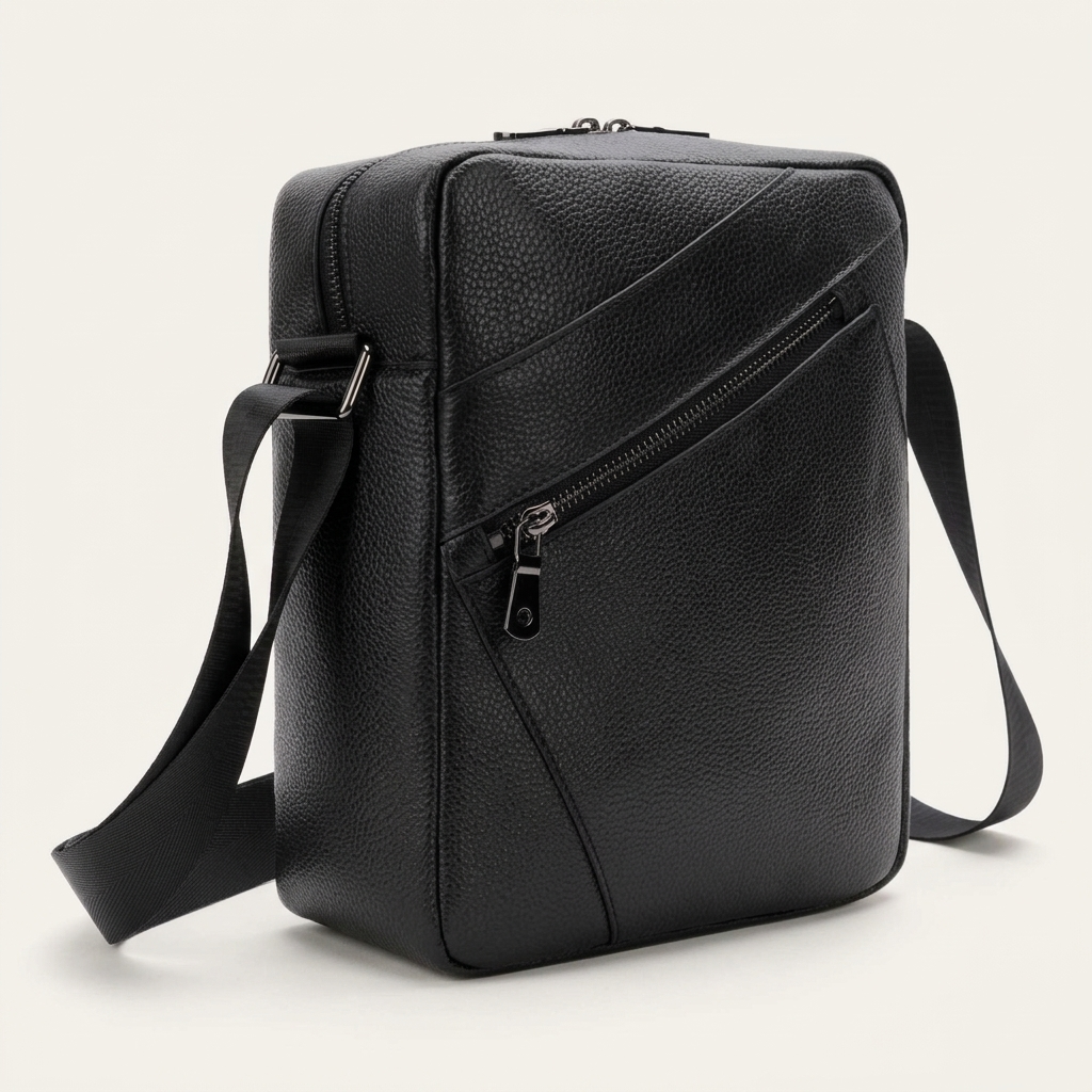 Men's Full-Grain Leather Compact Crossbody Messenger Bag — three-quarter front view