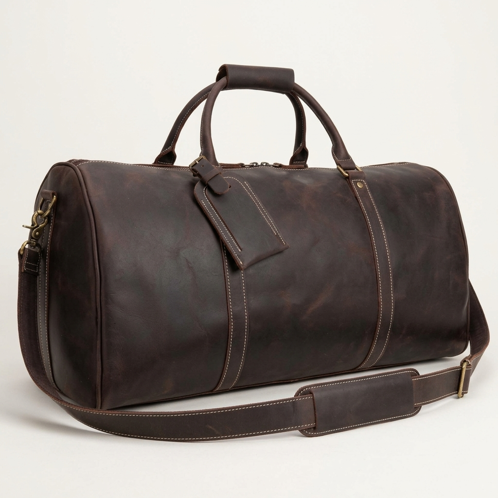 Men's Full-Grain Leather Duffle Bag with Luggage Tag — three-quarter front view