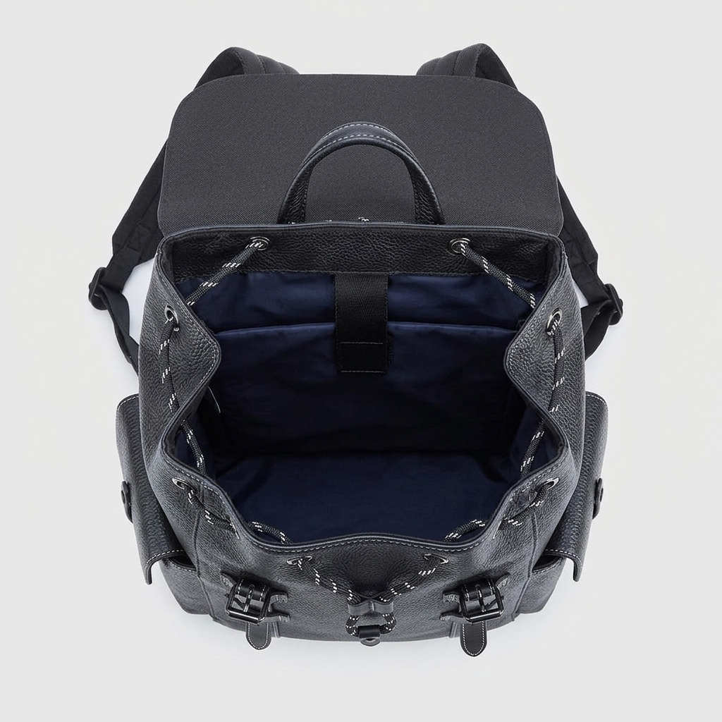 Men's Full-Grain Leather Flap Backpack with Drawstring Closure — open from above, empty interior