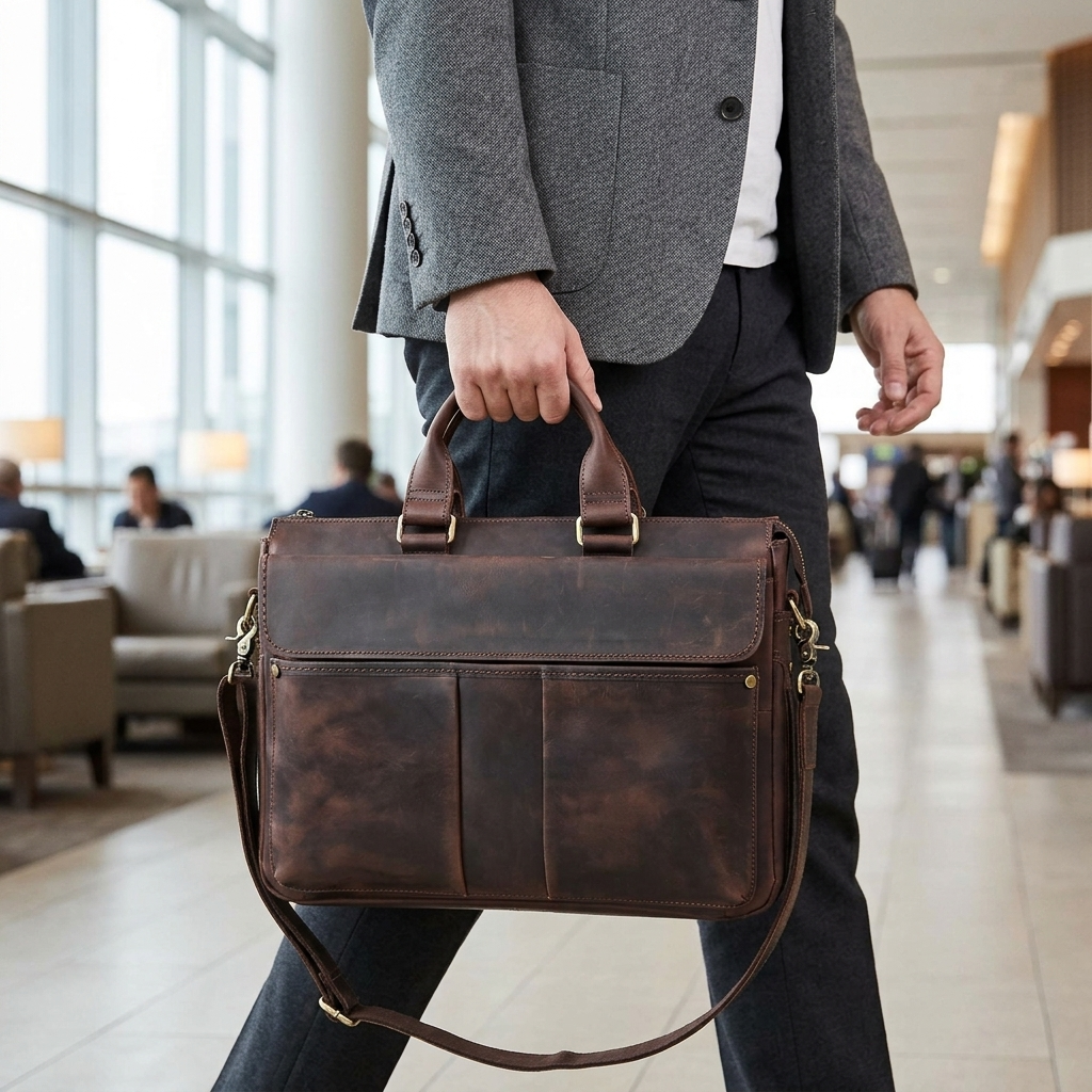 Men's Full-Grain Leather Flap-Over Briefcase — carried by the handle by a man in a grey blazer