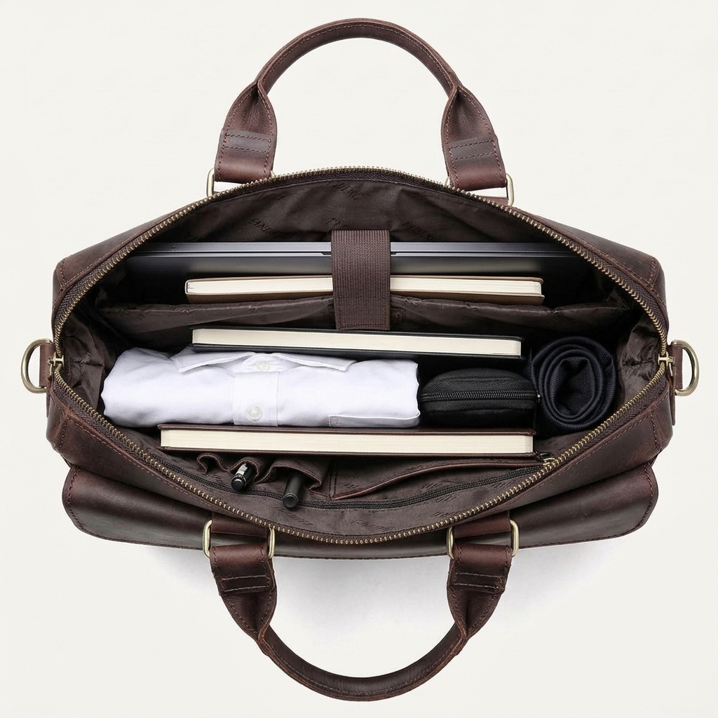 Men's Full-Grain Leather Flap-Over Briefcase — open from above with a shirt, notebooks and a laptop inside