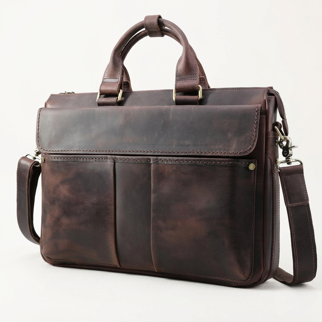Men's Full-Grain Leather Flap-Over Briefcase — three-quarter front view