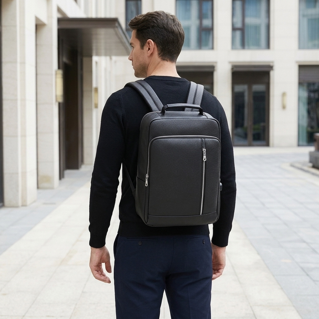 Men's Full-Grain Leather Laptop Backpack with USB Charging Port — worn on the back by a man in a black knit shirt, rear view