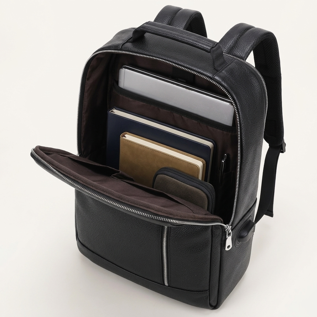 Men's Full-Grain Leather Laptop Backpack with USB Charging Port — open with a laptop, notebooks, a pouch and a pen inside