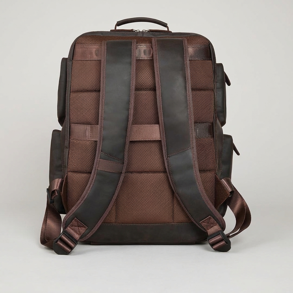 Men's Full-Grain Leather Large Travel Backpack with Luggage Sleeve — back panel and shoulder straps