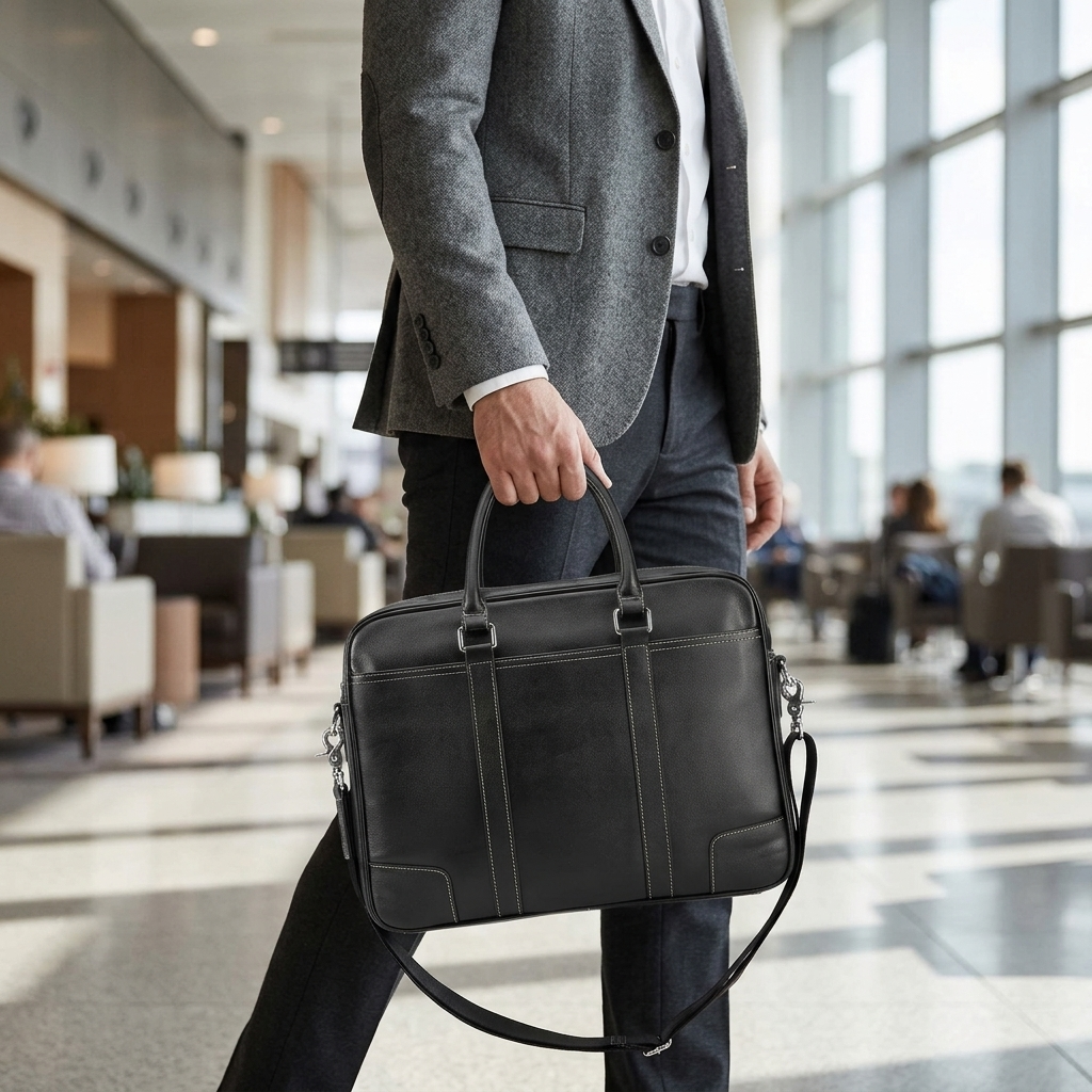 Men's Full-Grain Leather Slim Business Briefcase — carried by the handle by a man in a grey blazer