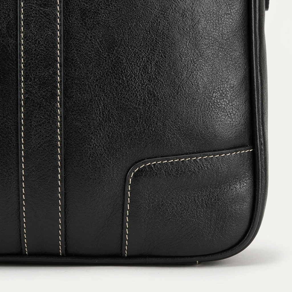 Men's Full-Grain Leather Slim Business Briefcase — close-up of the leather corner and stitching