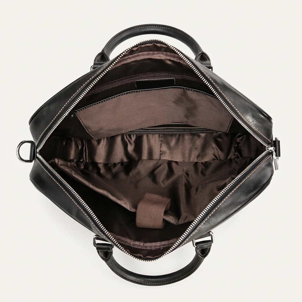 Men's Full-Grain Leather Slim Business Briefcase — open from above, empty interior