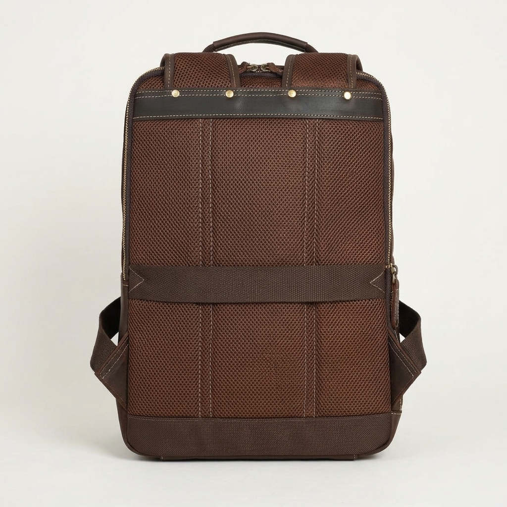 Men's Full-Grain Leather Slim Commuter Backpack — back panel and shoulder straps