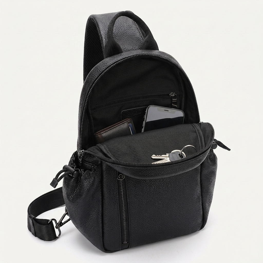 Men's Full-Grain Leather Sling Bag with Side Pockets — open with a phone, card holder and keys inside