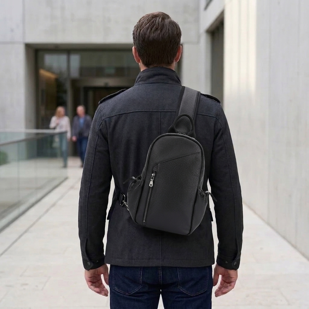 Men's Full-Grain Leather Sling Bag with Side Pockets — worn on the back, rear view
