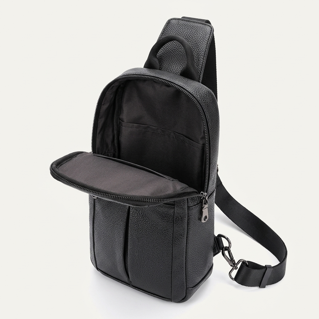 Men's Full-Grain Leather Sling Chest Bag — open main compartment, empty