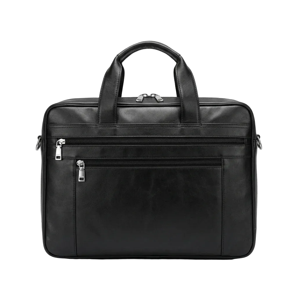 Men's Business Leather Briefcase Bag — front view in black with zip front pocket