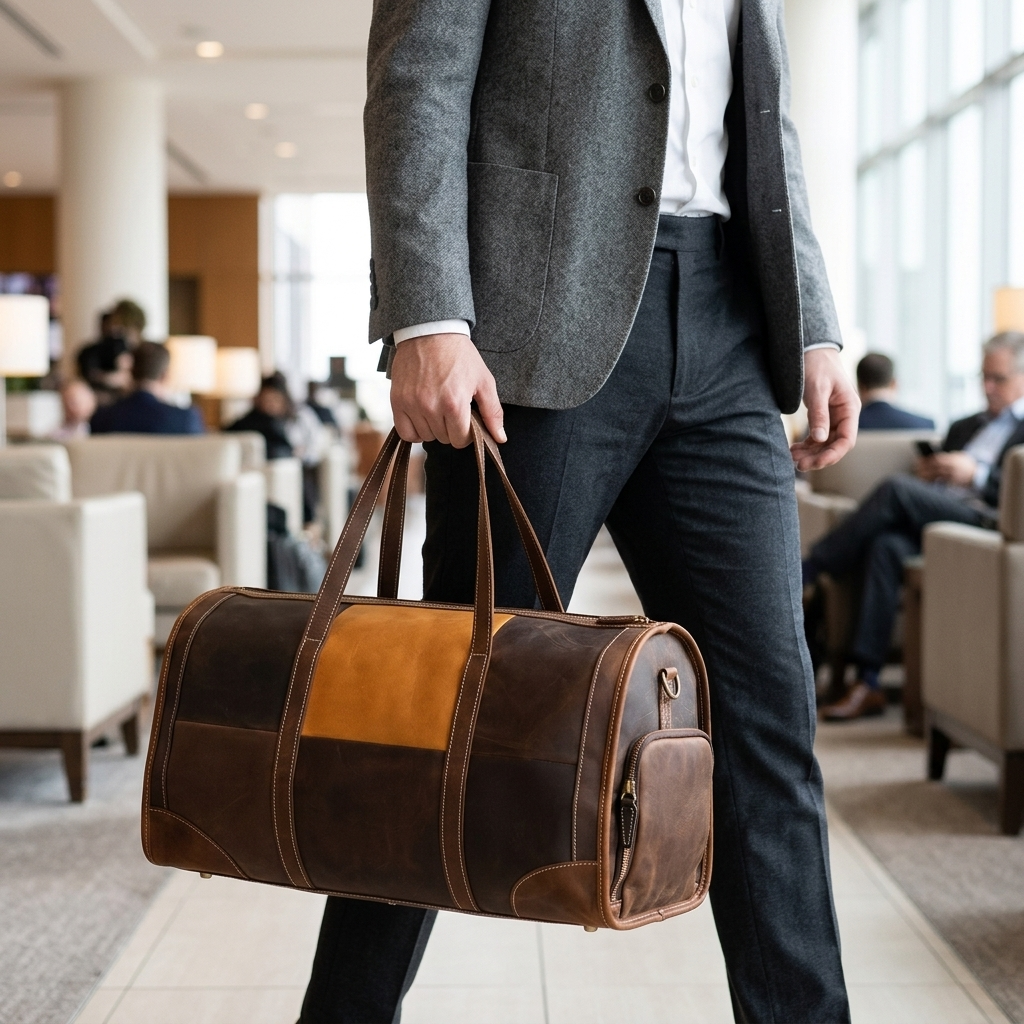 Men's Two-Tone Full-Grain Leather Duffle Bag — carried by the handles by a man in a grey blazer