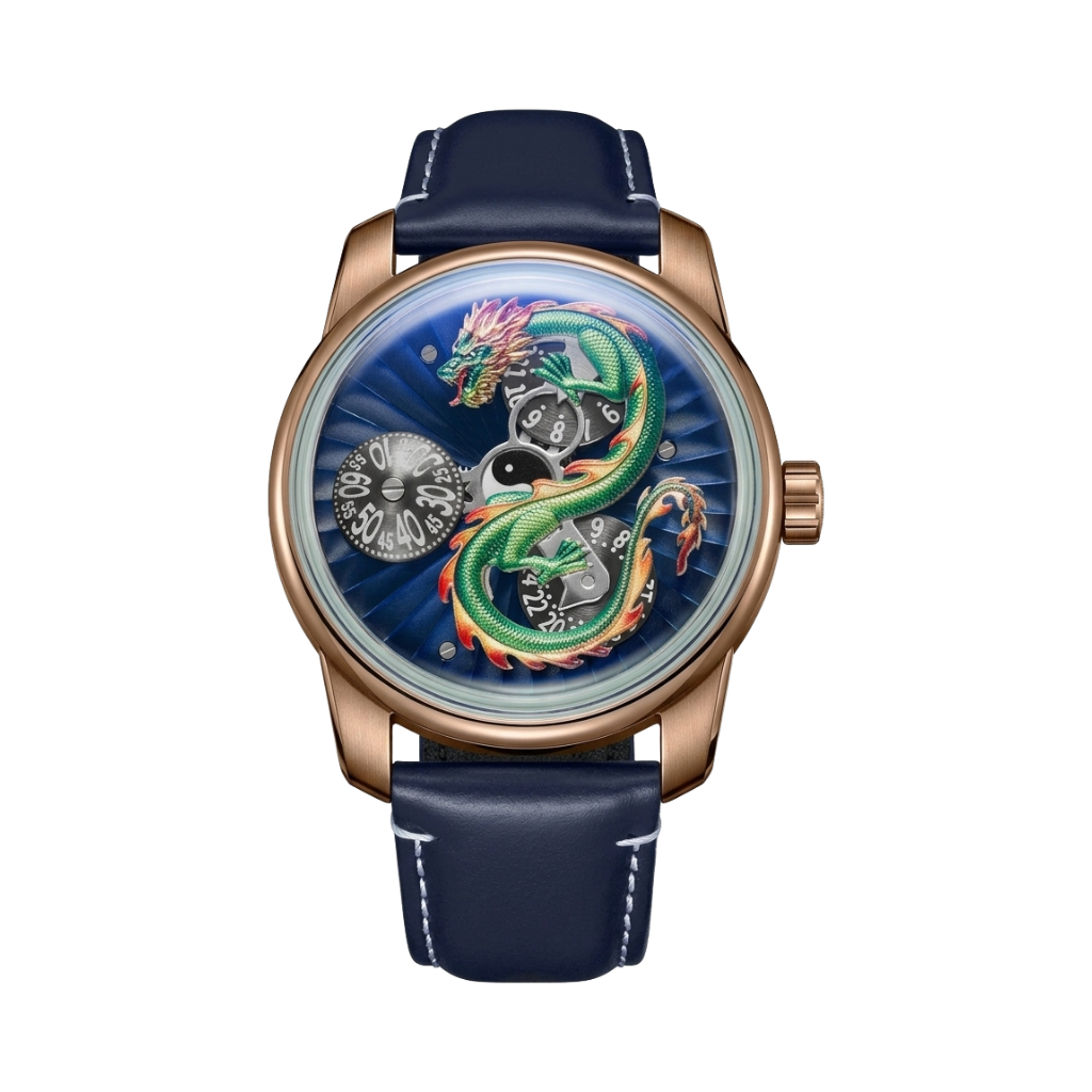 OBLVLO DRAGON-N - rose gold green dragon front view packshot