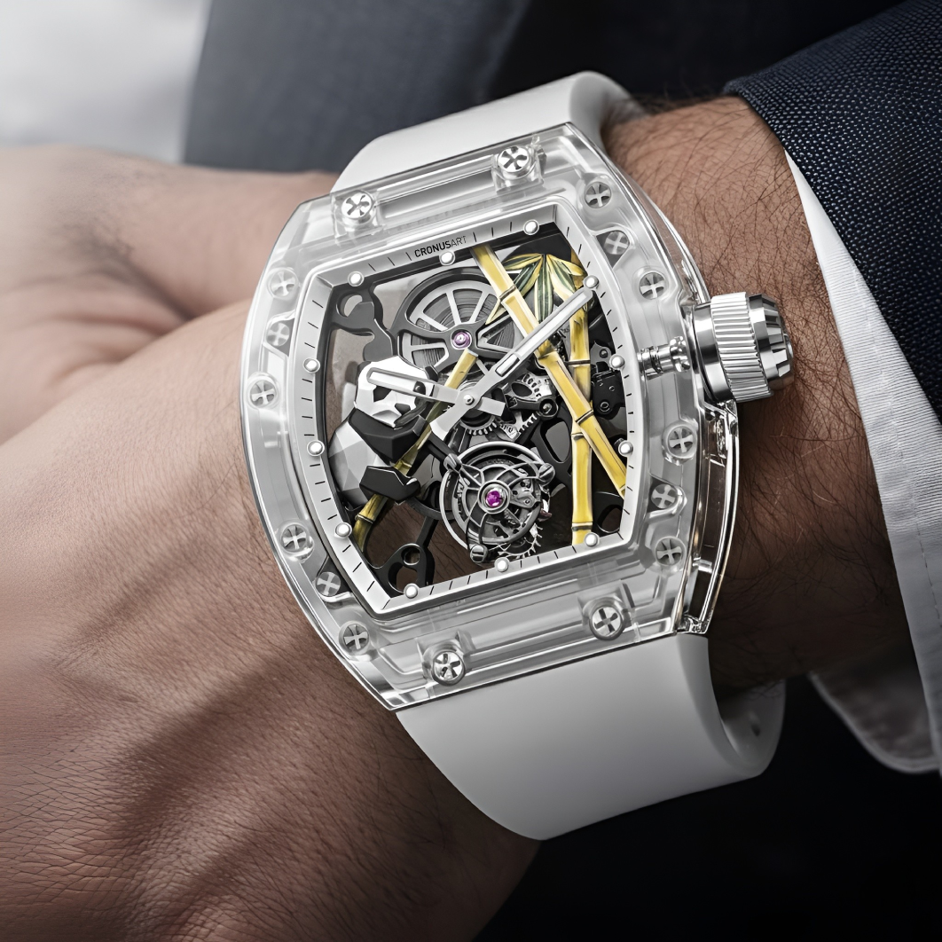 Cronusart CM08 030 Panda sapphire tourbillon watch in luxury box on cushion with transparent sapphire case and white strap
