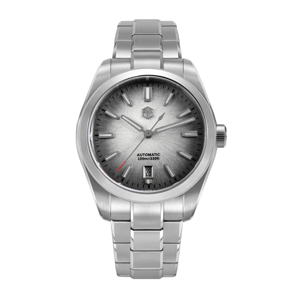 San Martin SN0144 Horizon men’s automatic watch with grey textured dial and brushed steel bracelet, combining minimalism with technical precision.