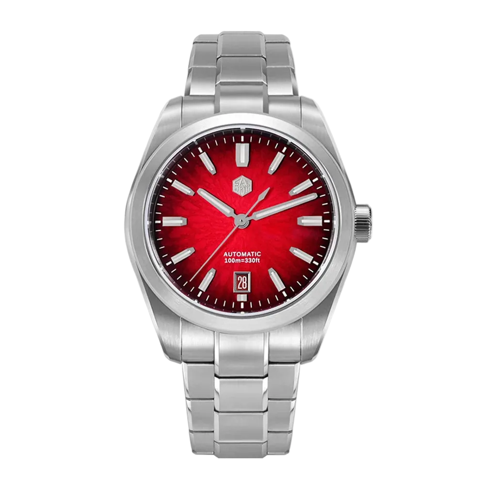 San Martin SN0144 Horizon men’s automatic wristwatch with deep red sunburst dial, silver indexes, and robust stainless steel case.