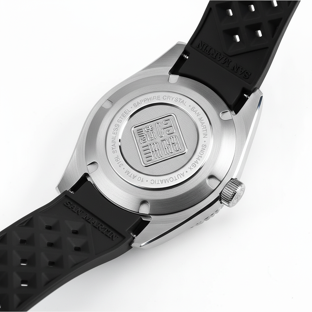 San Martin SN0144 automatic mechanical watch with alarm stainless steel caseback with engraved specifications