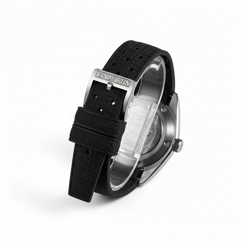 San Martin SN0144 automatic mechanical watch with alarm black strap and stainless steel buckle engraved San Martin