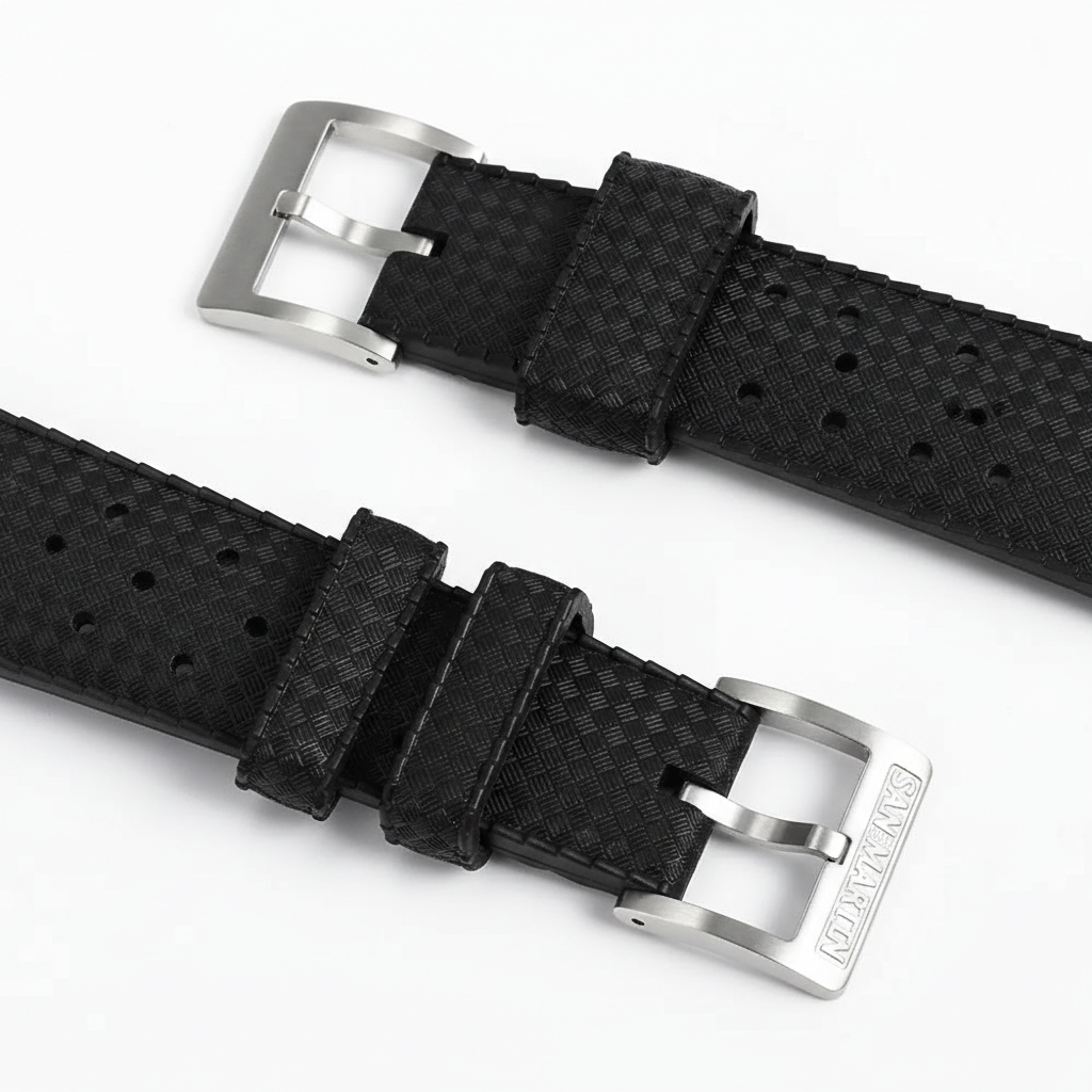 San Martin SN0144 automatic mechanical watch with alarm black textured strap detail with stainless steel hardware