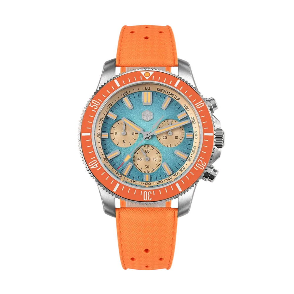 San Martin Chronograph Diver automatic watch glowing in the dark on FKM rubber strap.