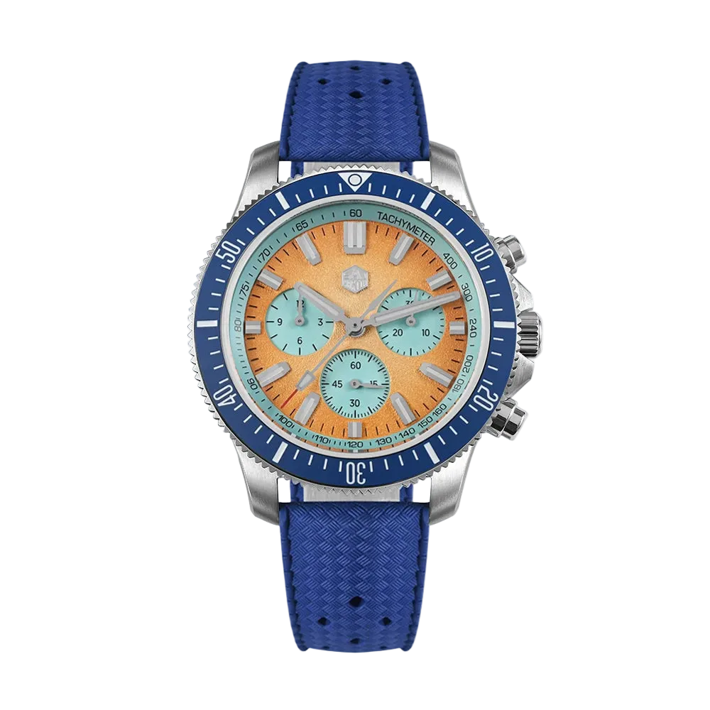 Close-up of San Martin Chronograph Diver showing durable FKM rubber strap and buckle clasp.