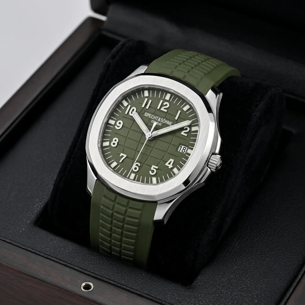 Specht & Söhne SP0008 - A - brushed steel, olive green dial, rubber strap