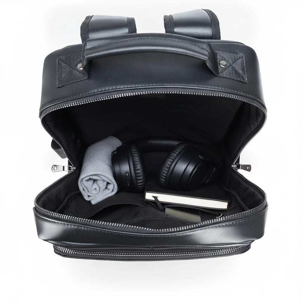 Black Genuine Leather Laptop Backpack — open main compartment with headphones, cloth and notebook