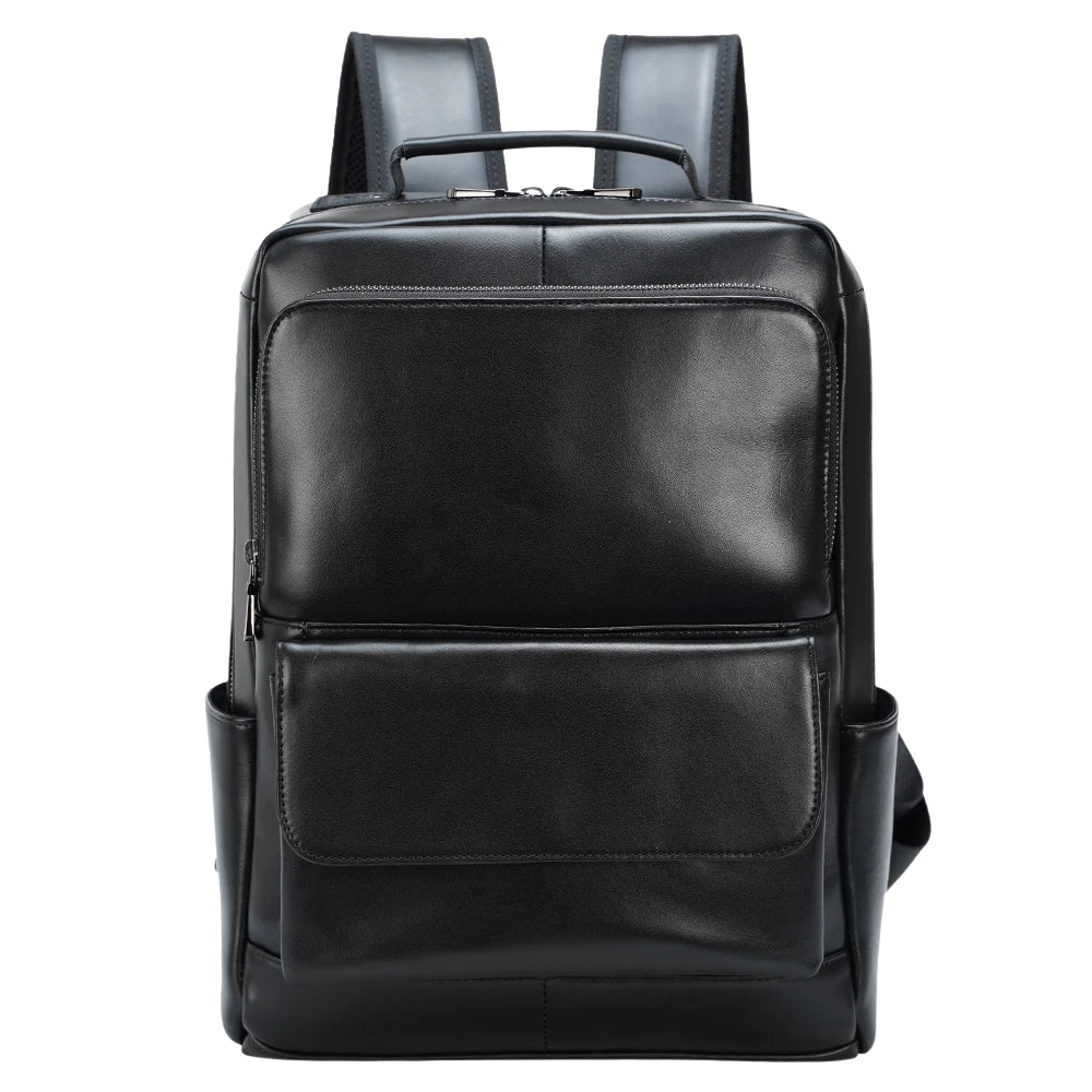Black Genuine Leather Laptop Backpack — front view in Black