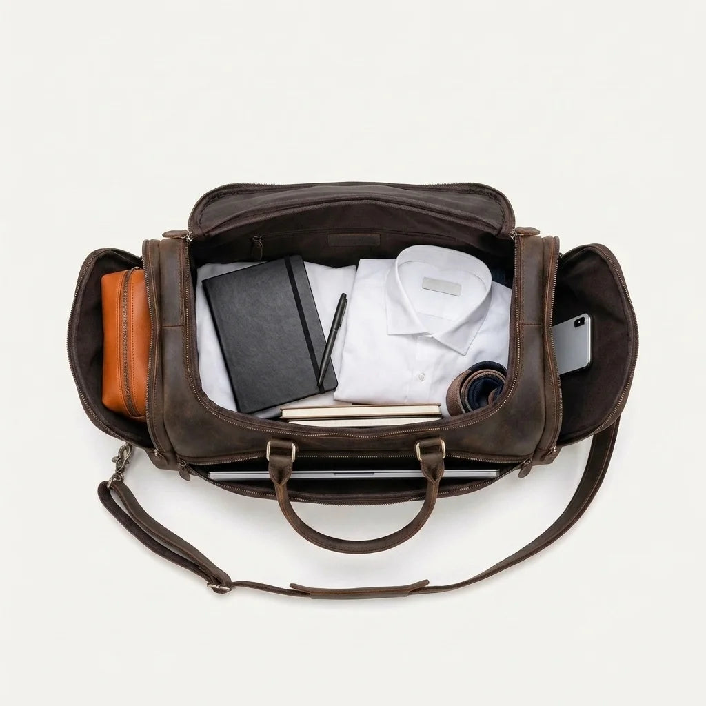 Men's Leather Travel Duffle Bag — Crazy Horse - top down packed view