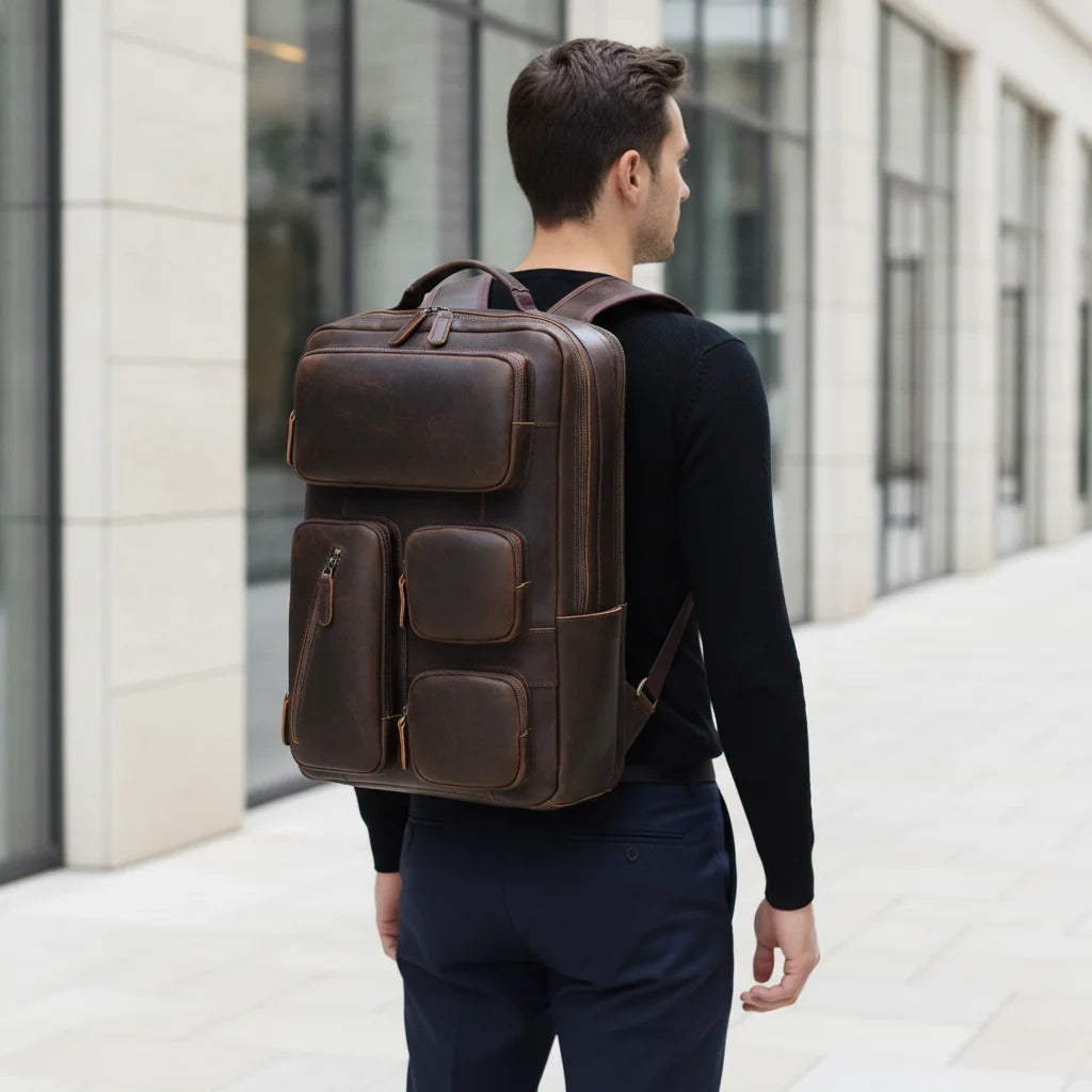 Vintage Leather Laptop Backpack — worn on the back by a man in a black sweater