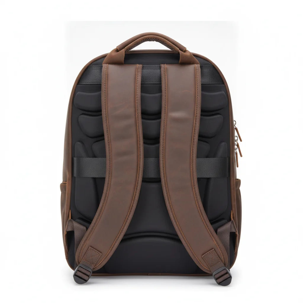 Vintage Crazy Horse Leather Travel Backpack — back view with padded shoulder straps