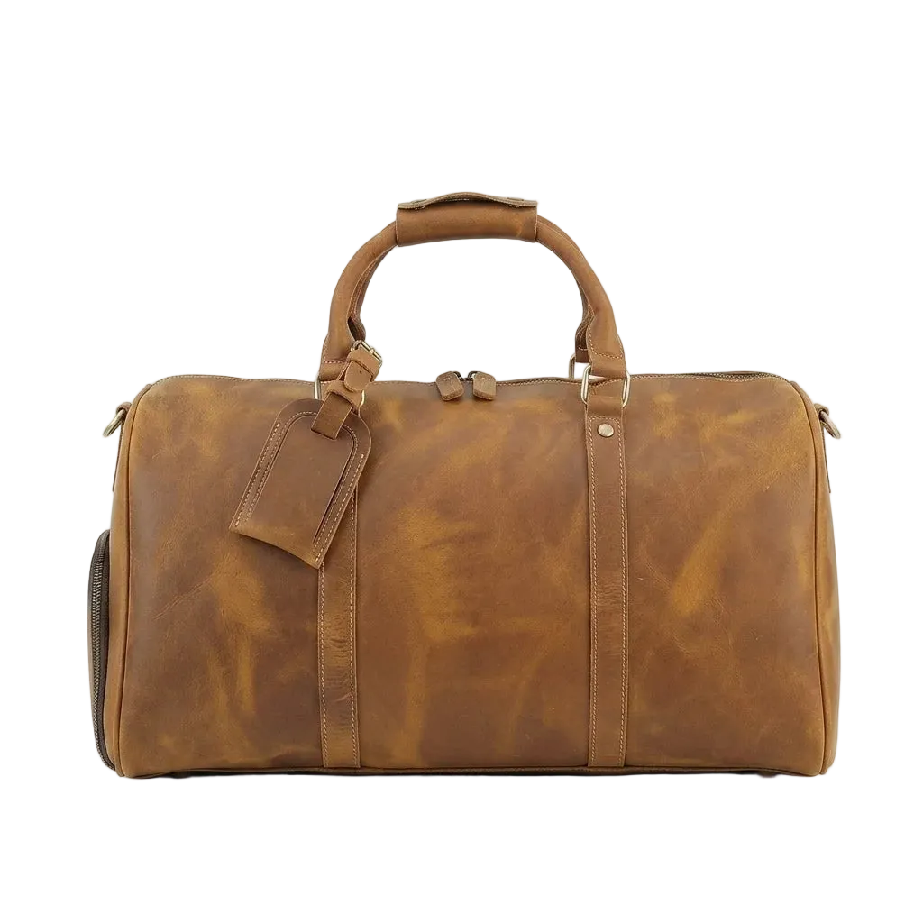 Vintage Duffel Bag — tan bag front view