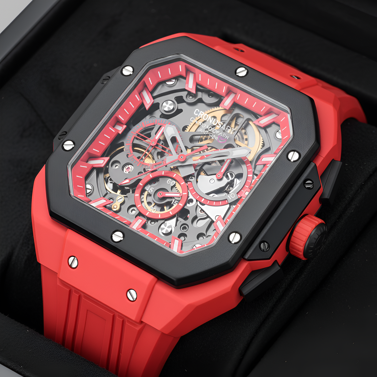 CRONUSART CM025-002 – Men’s Automatic Chronograph Watch Square Carbon Steel Case breitvacher