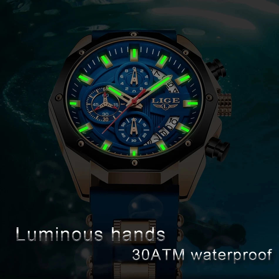 Watch with luminous hands and 30ATM waterproof feature on a dark background