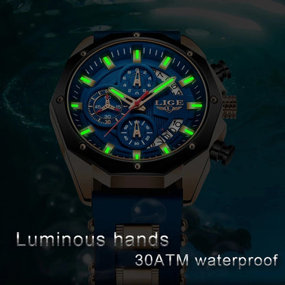 Watch with luminous hands and 30ATM waterproof feature on a dark background