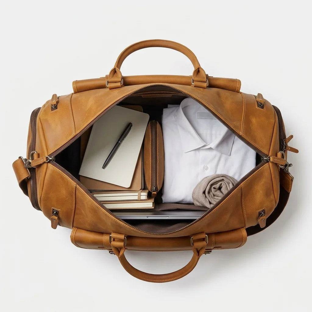 6647 brown full grain lea - luxury leather, open, flat lay