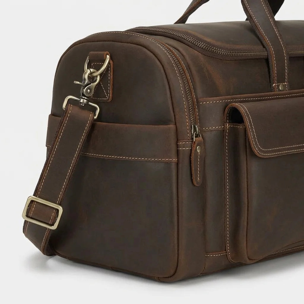 Men's Leather Travel Duffle Bag — Vintage Buffalo - close up side strap clasp