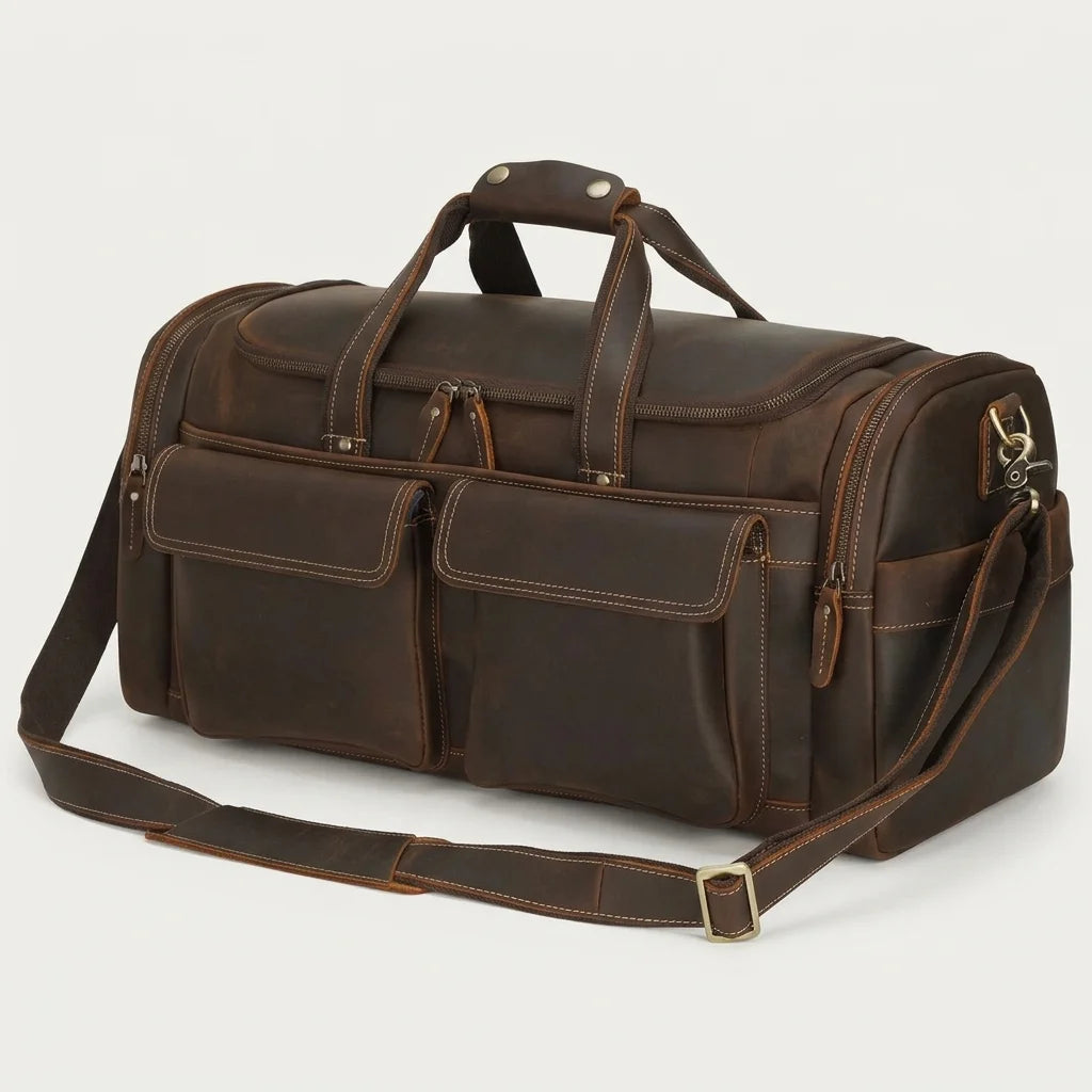 Men's Leather Travel Duffle Bag — Vintage Buffalo - three quarter perspective angle