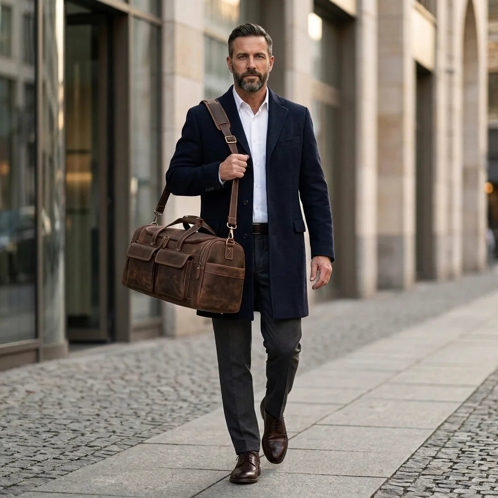 Men's Leather Travel Duffle Bag — Vintage Buffalo - man carrying on shoulder outdoor