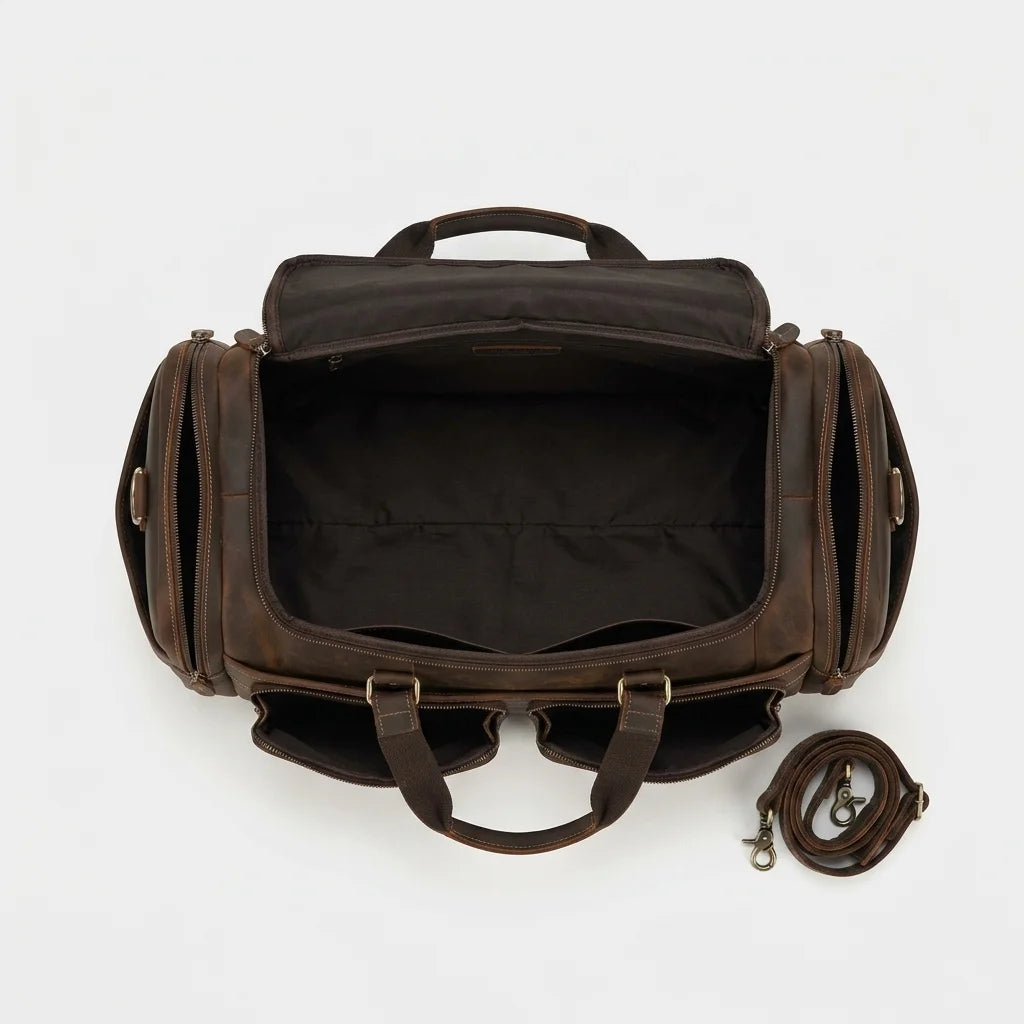 Men's Leather Travel Duffle Bag — Vintage Buffalo - empty interior compartment view