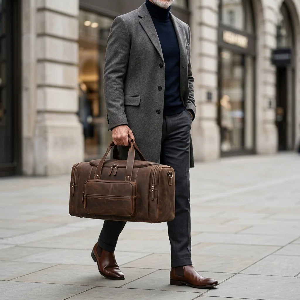 Men's Leather Travel Duffle Bag - lifestyle shot walking outdoors