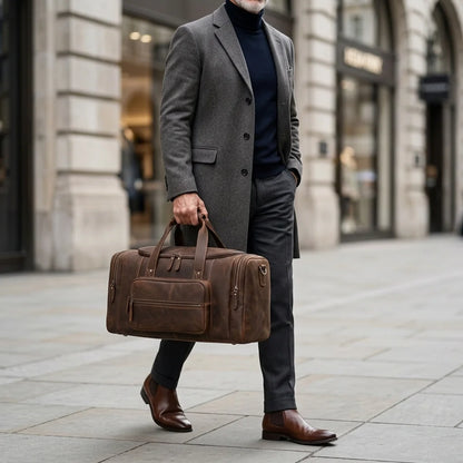 Men's Leather Travel Duffle Bag - lifestyle shot walking outdoors