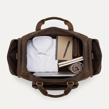 Men's Leather Travel Duffle Bag - top view packed with items