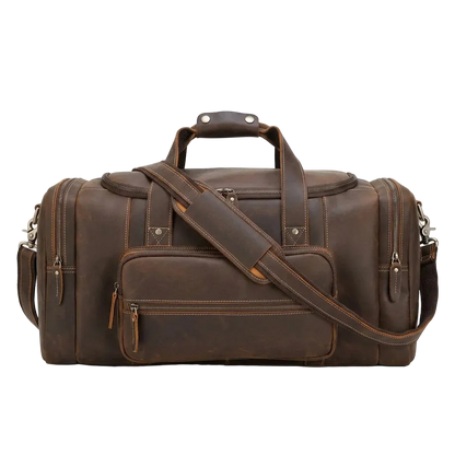 Men's Leather Travel Duffle Bag - front view with shoulder strap