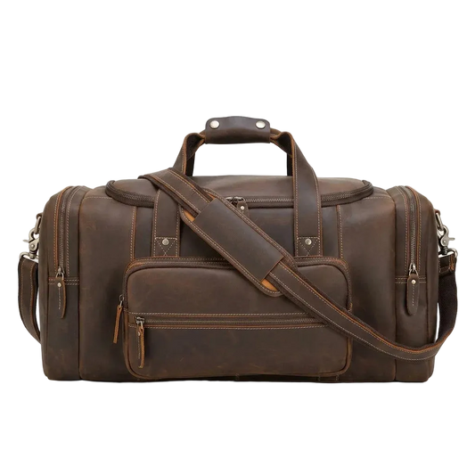 Men's Leather Travel Duffle Bag - front view with shoulder strap