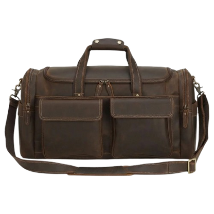 A dark brown distressed leather duffel bag with multiple front pockets, top handles, and an adjustable shoulder strap, shown against a plain white background.