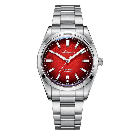 ADDIESDIVE AD2531 Automatic Mechanical Watch with red textured dial and stainless-steel bracelet