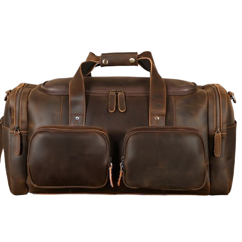 A dark brown distressed leather duffel bag with multiple zippered compartments and top handles, shown against a plain white background.
